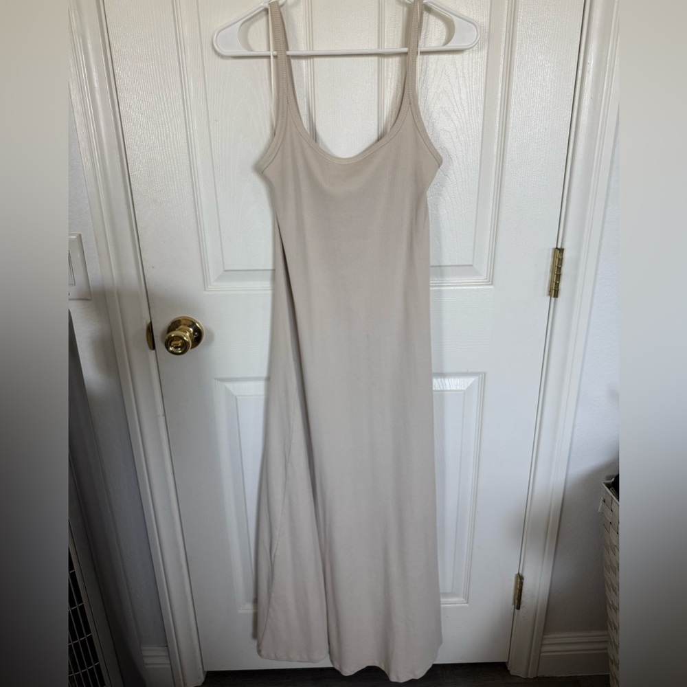 cream fit and flare rib knit maxi dress